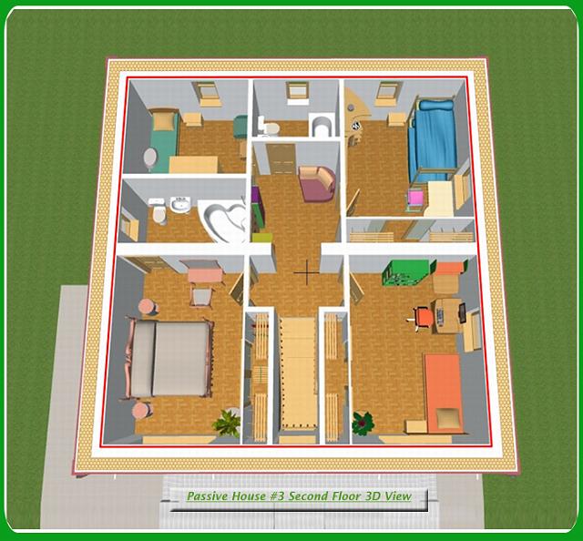 Green Passive Solar House #3 Plans Gallery - Passive House #3 Second Floor 3D View