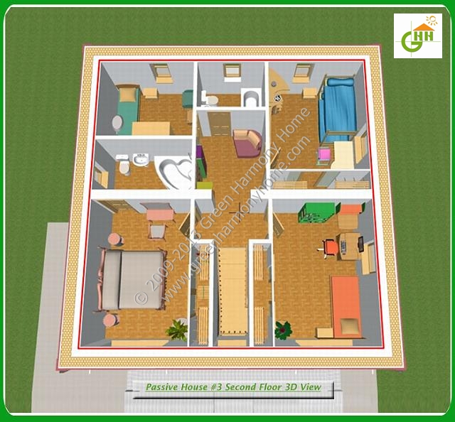 Green Passive Solar House #3 Section Second Floor 3D View, Passive Solar Home Plans